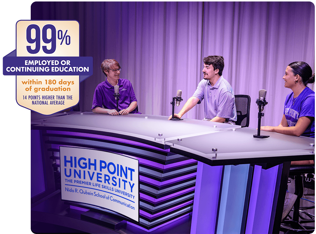Students in a recording studio with a rankings badge that reads: 99% employed or continuing education within 180 days of gradution. 14 points higher than the national average.