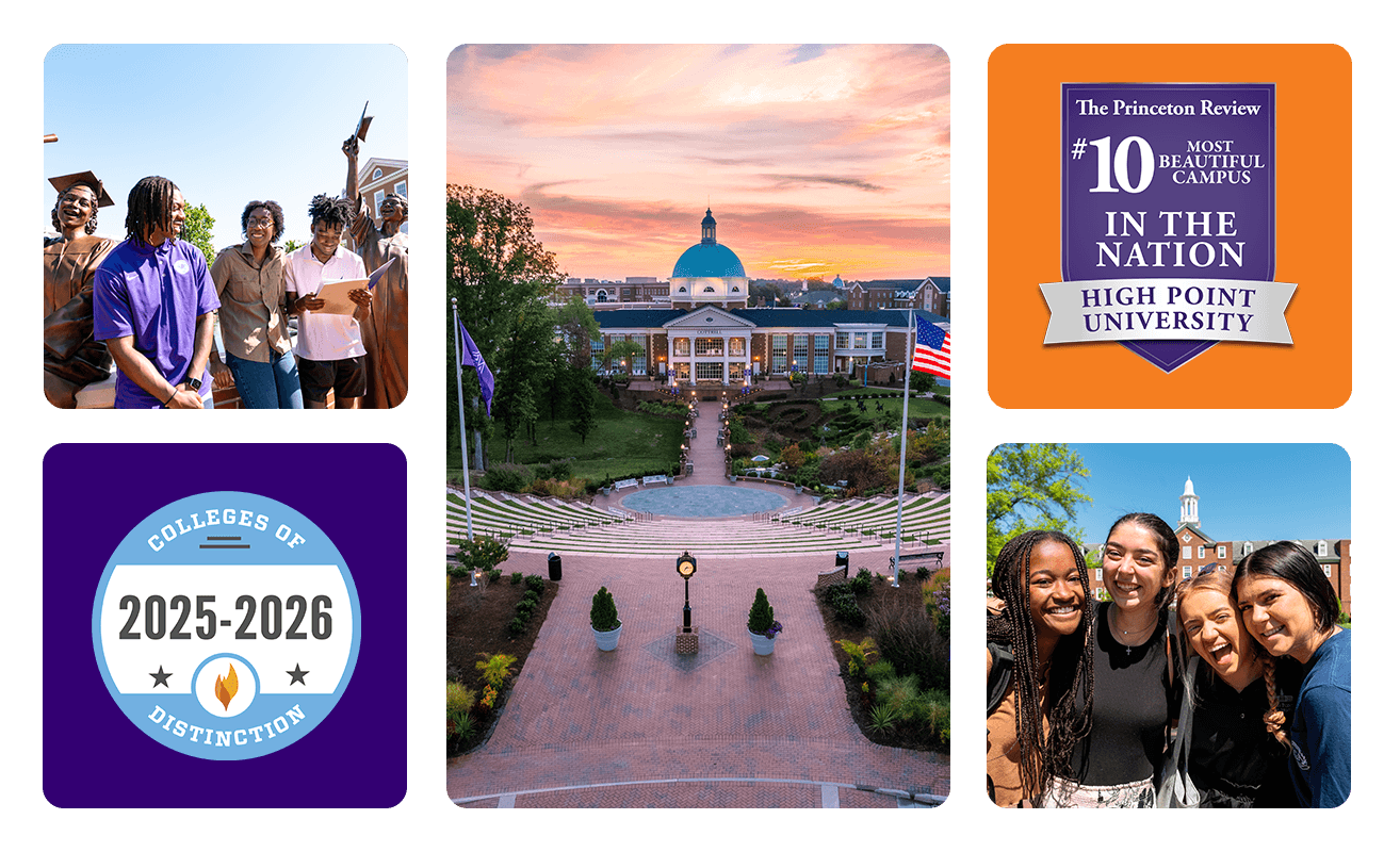 A collage of students enjoying different aspects of the HPU campus over a larger photo of a campus sculpture and building.