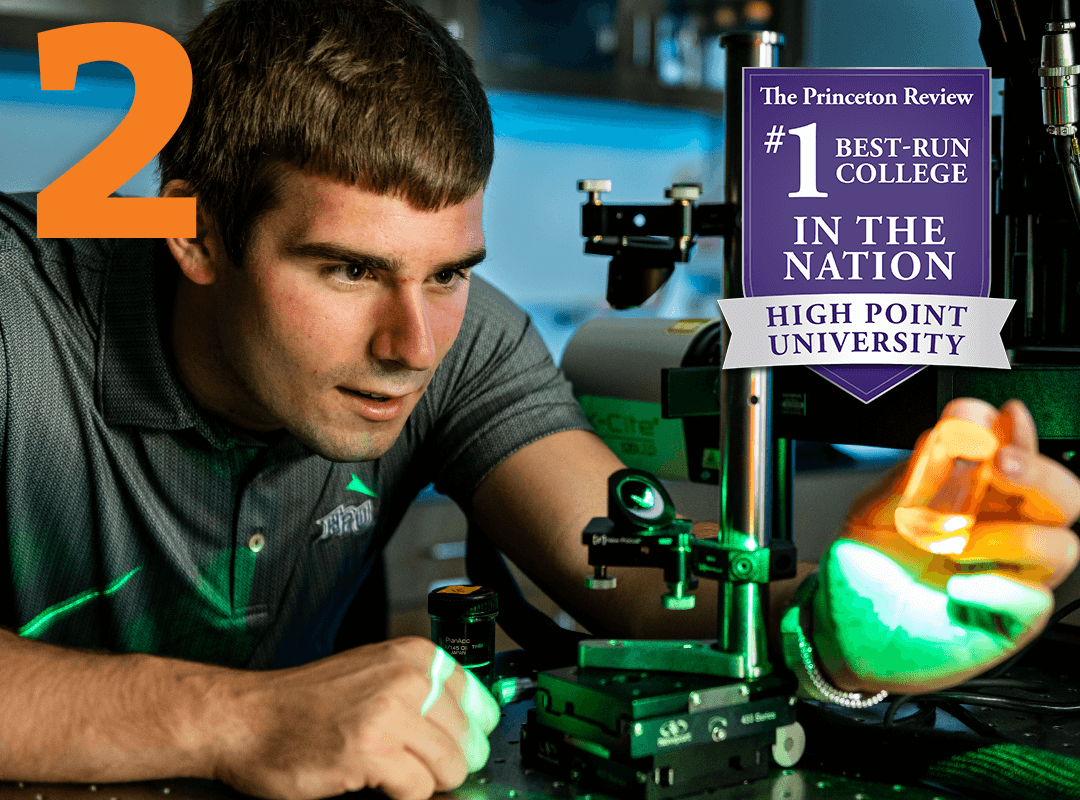 A student working with equipment and a #1 best-run college in the nation badge from the princeton review