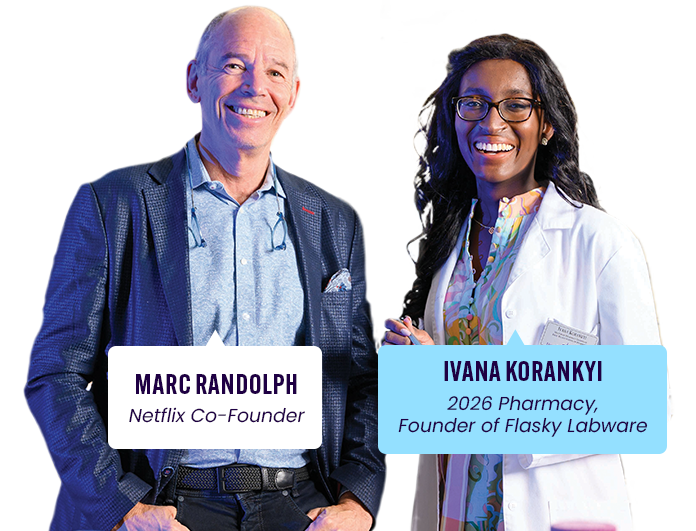 Mark Randolph, Netflix Co-Founder, standing next to Ivana Korankyi, a 2026 pharmacy graduate and founder of Flasky Labware.