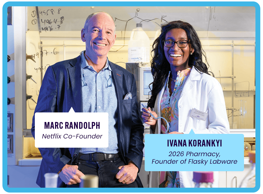 Marc Randolph, Netflix co-founder, and Ivana Korankyi, 2026 Pharmacy, Founder of Flasky Labware, smiling at the camera.